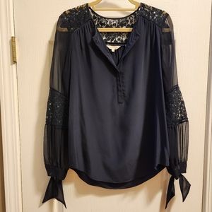 Rebecca Taylor "Sarah" Silk Lace Panel Long Sleeve Navy Blue Blouse. Size 8.